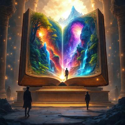 Primary subject: A large book with a man standing in front of it.

Setting/background: The book is open, and the man is standing in front of it. The background features a mountainous landscape.

Visual style: The image is a digital art illustration.

Colors and mood: The image is colorful, with a vibrant and lively atmosphere.